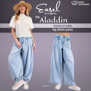EASEL “Aladdin” Relaxed Fit Soft Washed Denim Wide Leg Pant Self-Cinch For Harem
